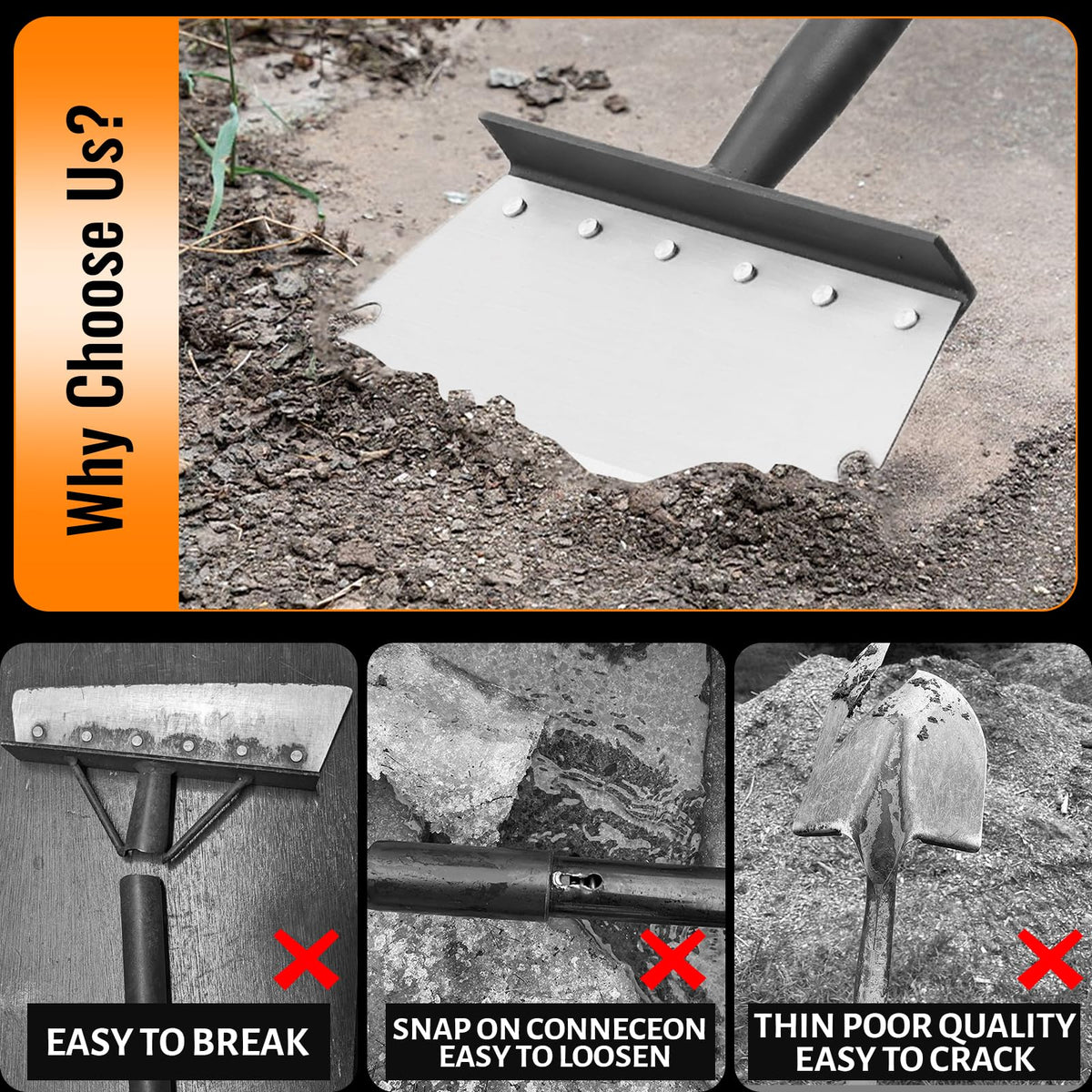 ABtool Garden Flat Shovel Scraper weed-removal action highlights efficient garden clearing.