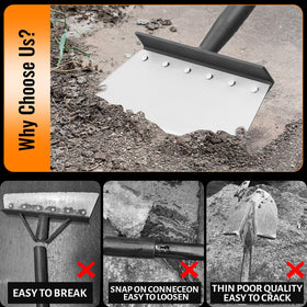 ABtool Garden Flat Shovel Scraper weed-removal action highlights efficient garden clearing.