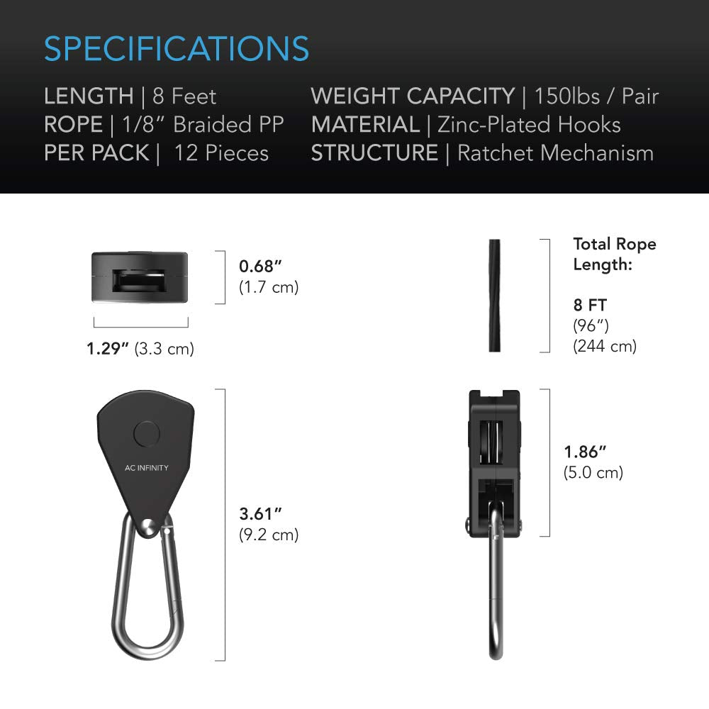AC Infinity 150-lb weight capacity pair supports lights, fans, filters with confidence.