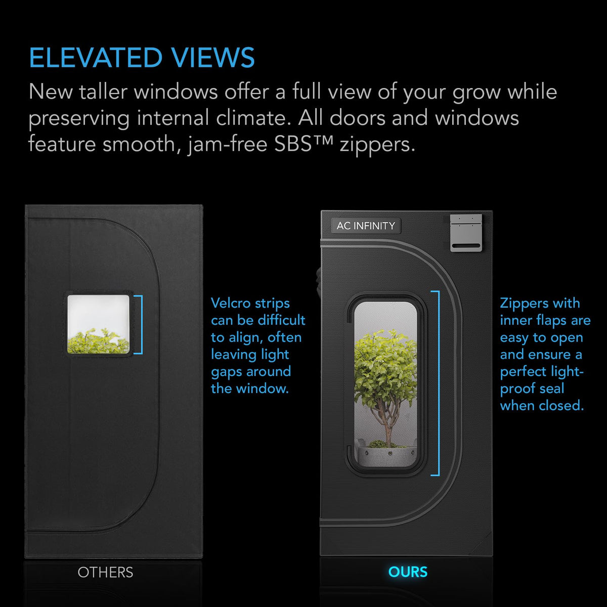 AC Infinity CLOUDLAB 642 tall windows provide full grow view while preserving climate control.