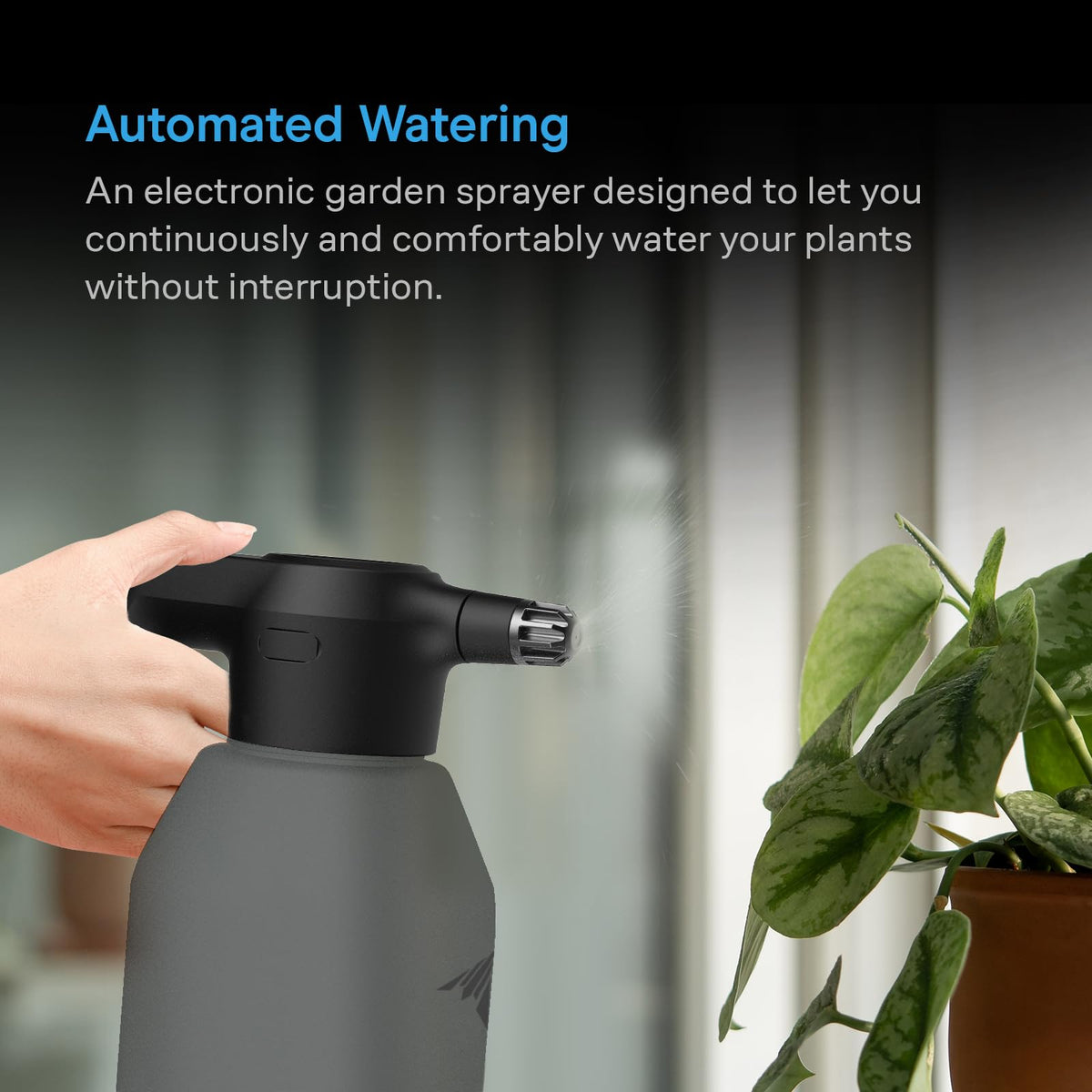 AC Infinity graphite sprayer shows USB rechargeable capability for cordless gardening