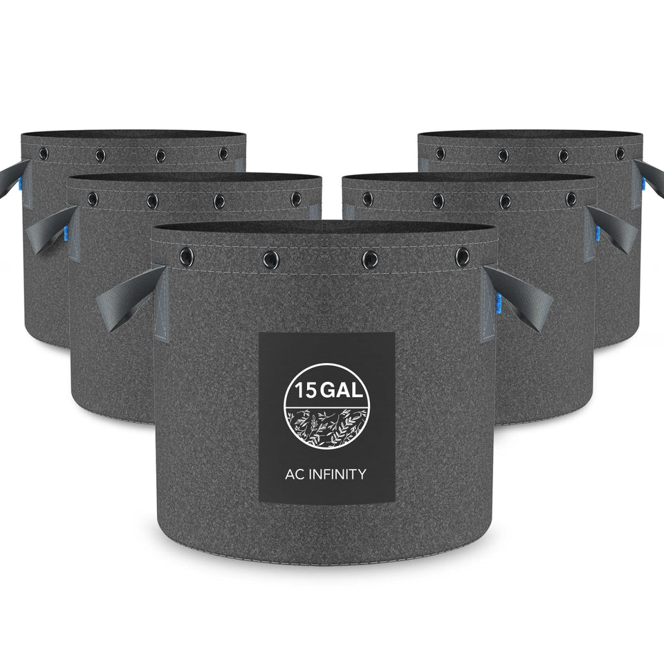 AC Infinity heavy-duty fabric pots in a 15-gallon grow bag layout for durable containers