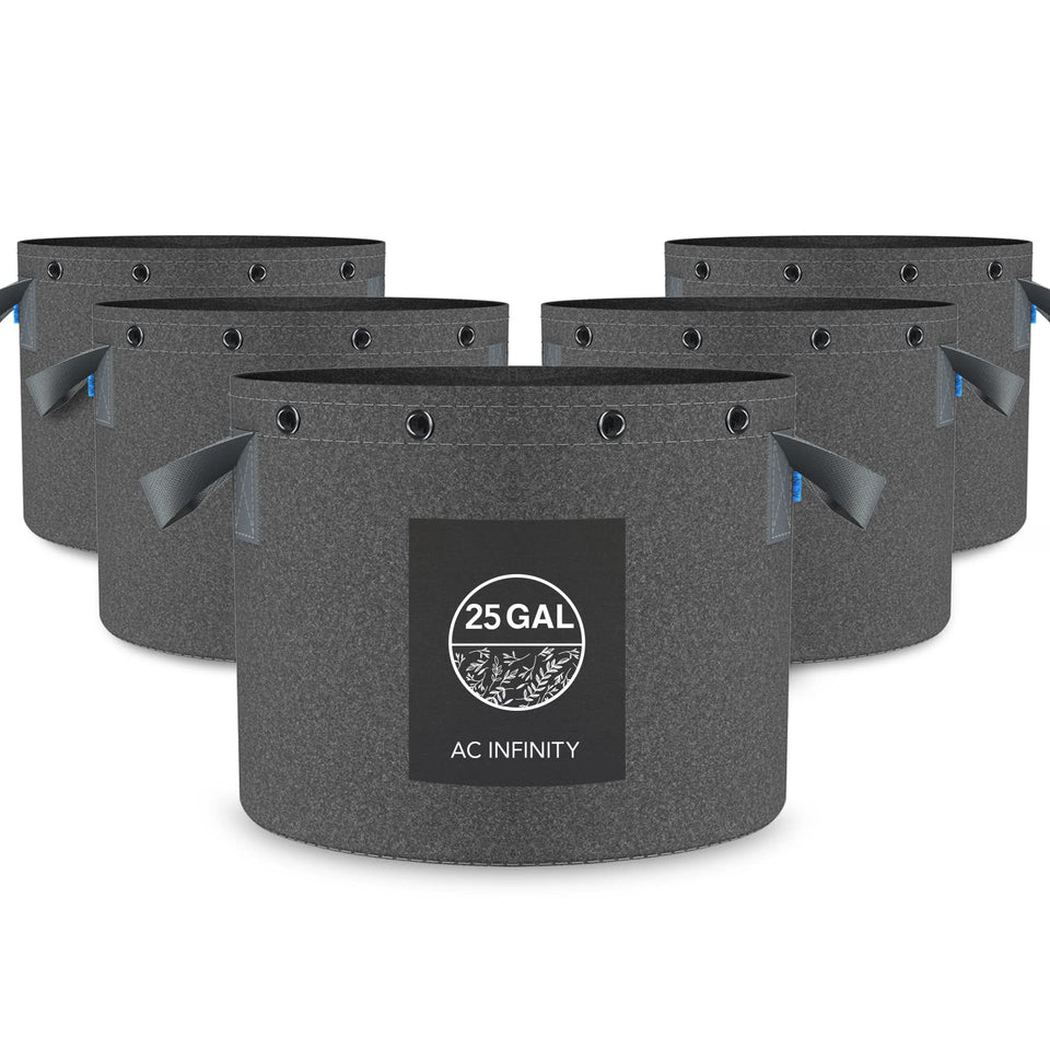 AC Infinity heavy-duty fabric pots with 25-gallon bags for air-pruned roots.
