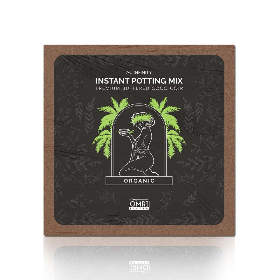 AC Infinity Instant Potting Mix brick packaging shows easy storage and handling