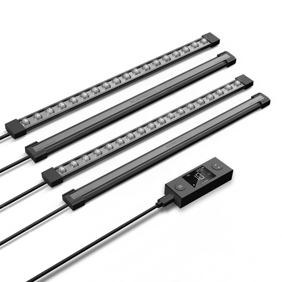 AC Infinity IonBeam S16 front view showing four 16” bars for even canopy growth