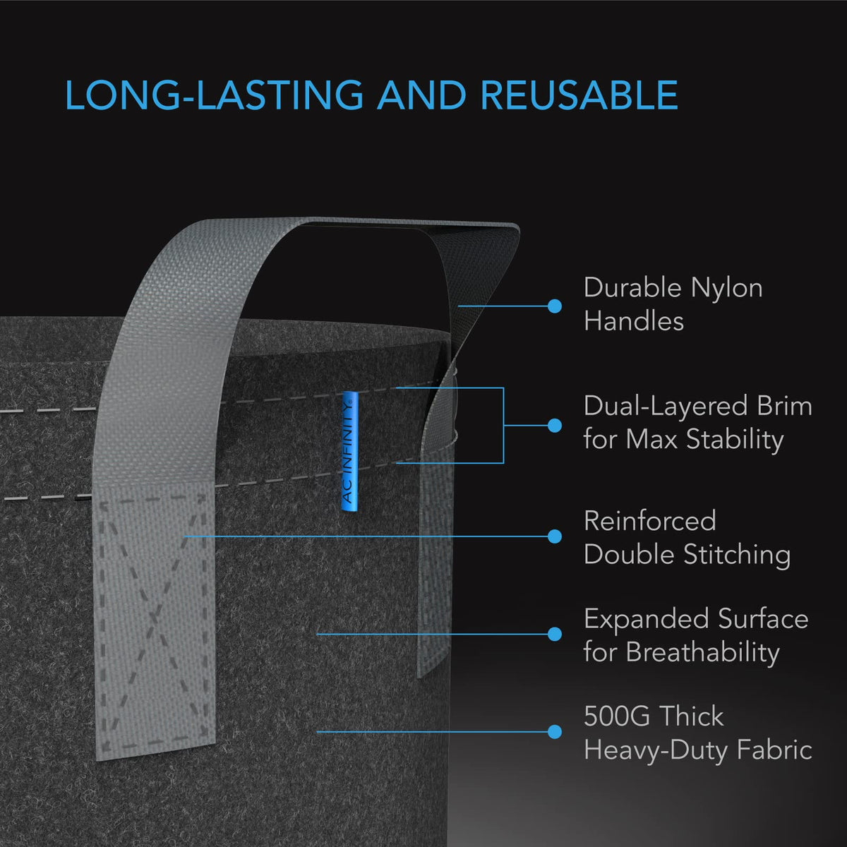 AC Infinity nylon handles for easy transport of large grow bags.