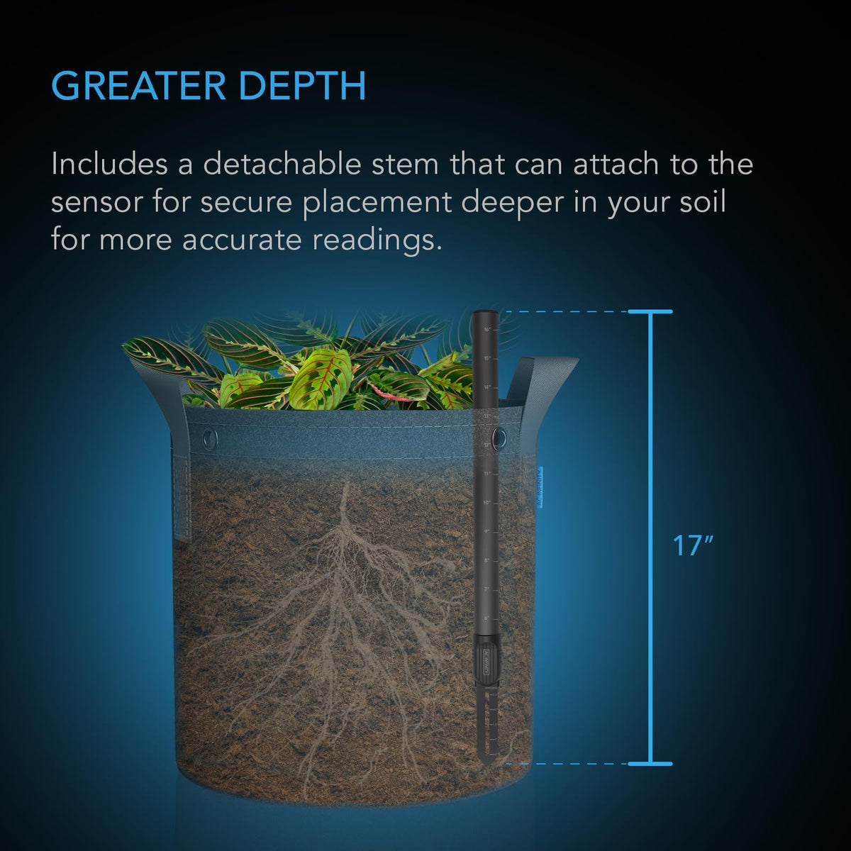 AC Infinity roots-friendly probe nestled in soil with healthy roots nearby