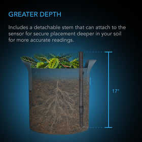 AC Infinity roots-friendly probe nestled in soil with healthy roots nearby