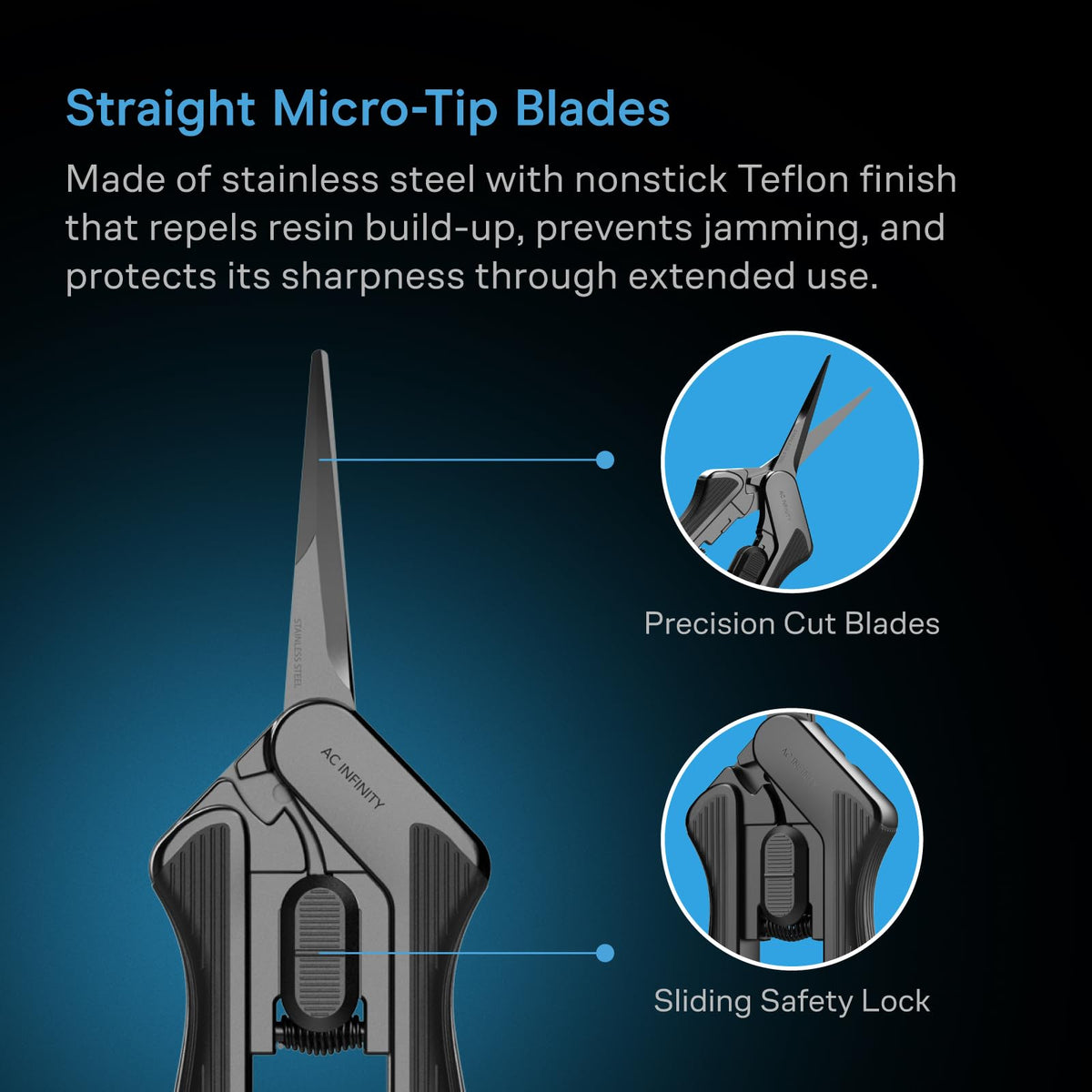 AC Infinity straight micro-tip blades enable precise trimming in tight spaces.