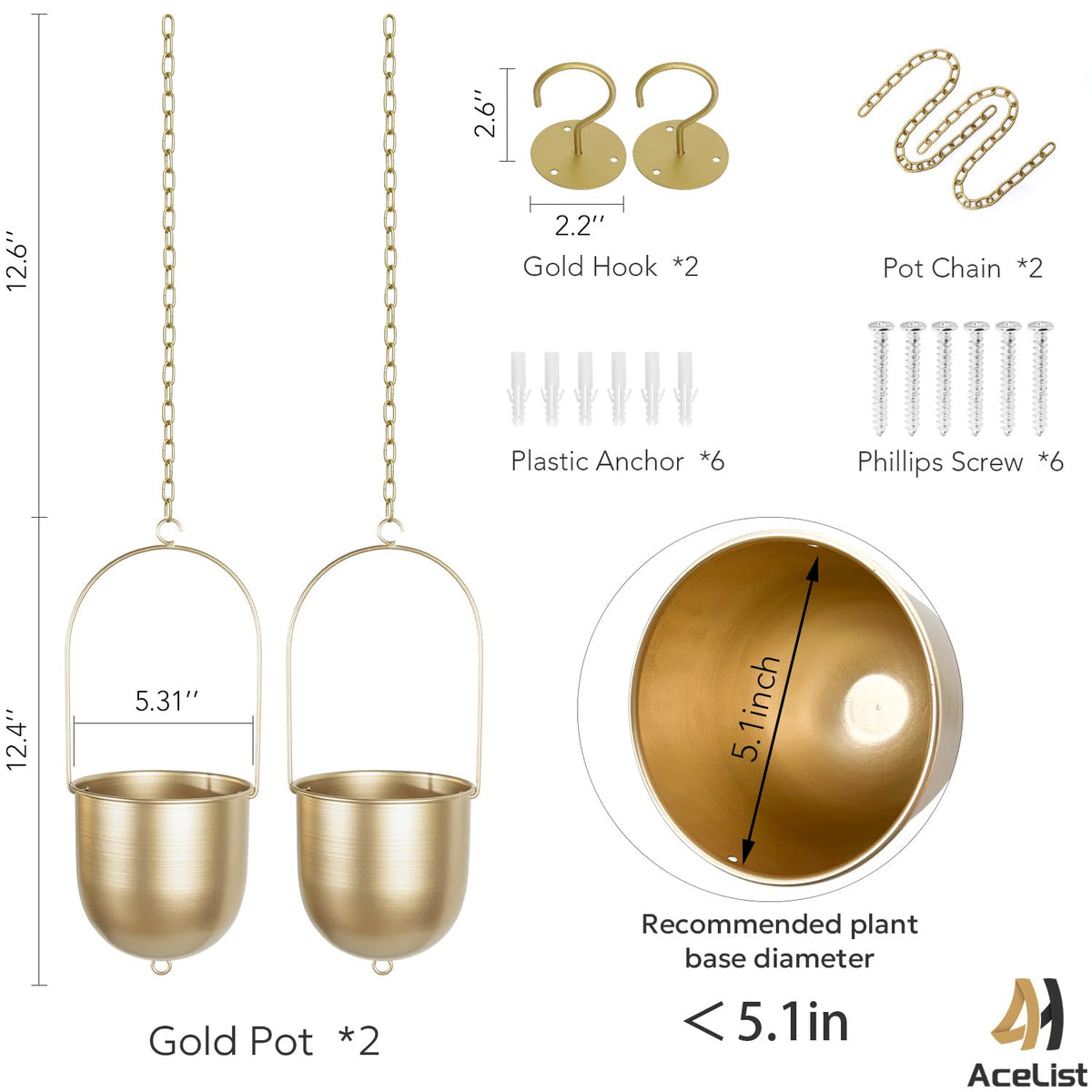 AceList gold metal hanger with hooks and chains enables easy ceiling or wall hanging.