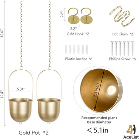 AceList gold metal hanger with hooks and chains enables easy ceiling or wall hanging.