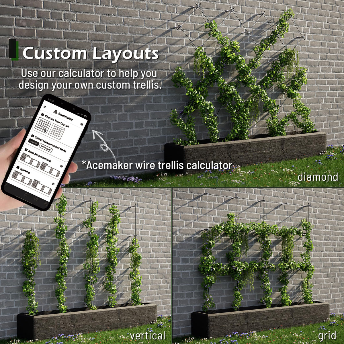 Acemaker wall trellis installed amid plants emphasizes airflow.