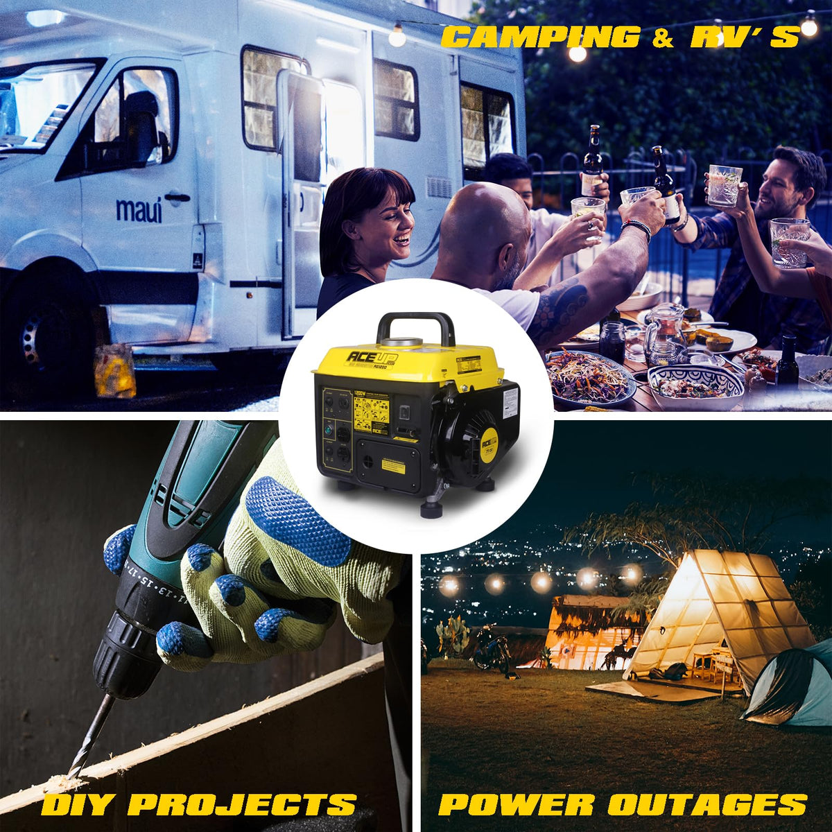 Aceup Energy 1200W generator in use at campsite or home for power on demand
