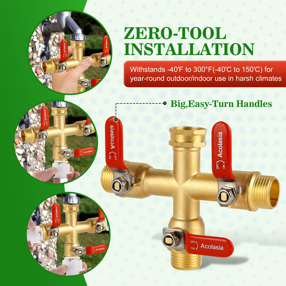 Acolasia hose splitter with 304 stainless steel long handle for easy one-handed control.