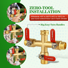 Acolasia hose splitter with 304 stainless steel long handle for easy one-handed control.