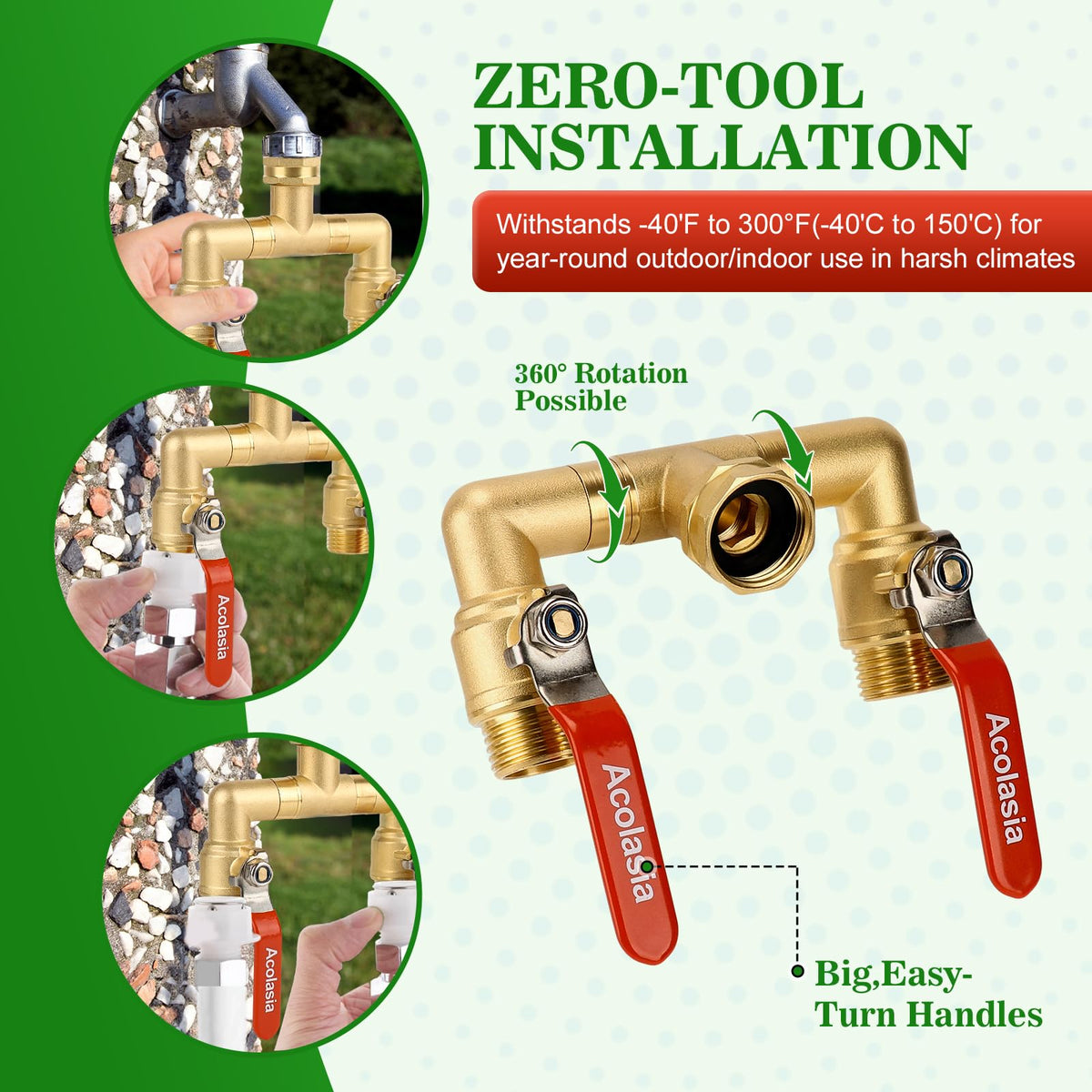 Acolasia hose splitter brass body close-up emphasizes corrosion-resistant surface.