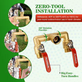Acolasia hose splitter brass body close-up emphasizes corrosion-resistant surface.