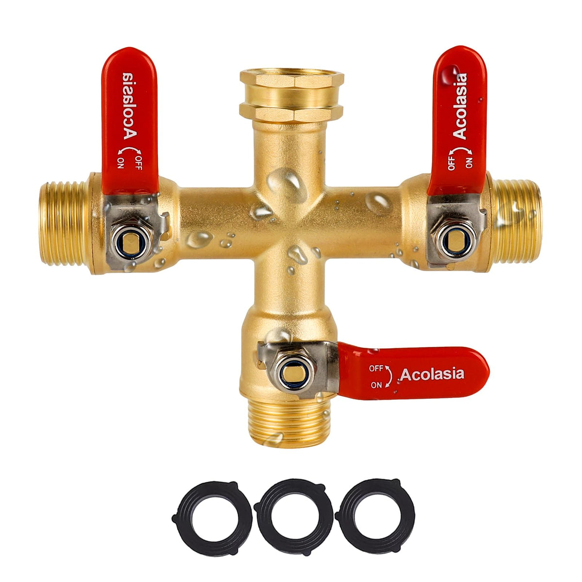 Acolasia hose splitter with brass body highlights durability for outdoor use.