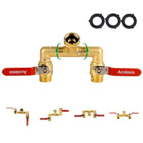 Acolasia hose splitter front view highlights sturdy brass construction for outdoor use.