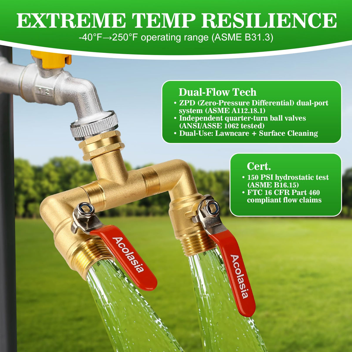 Acolasia hose splitter fits standard 3/4in GHT hoses for quick setup.