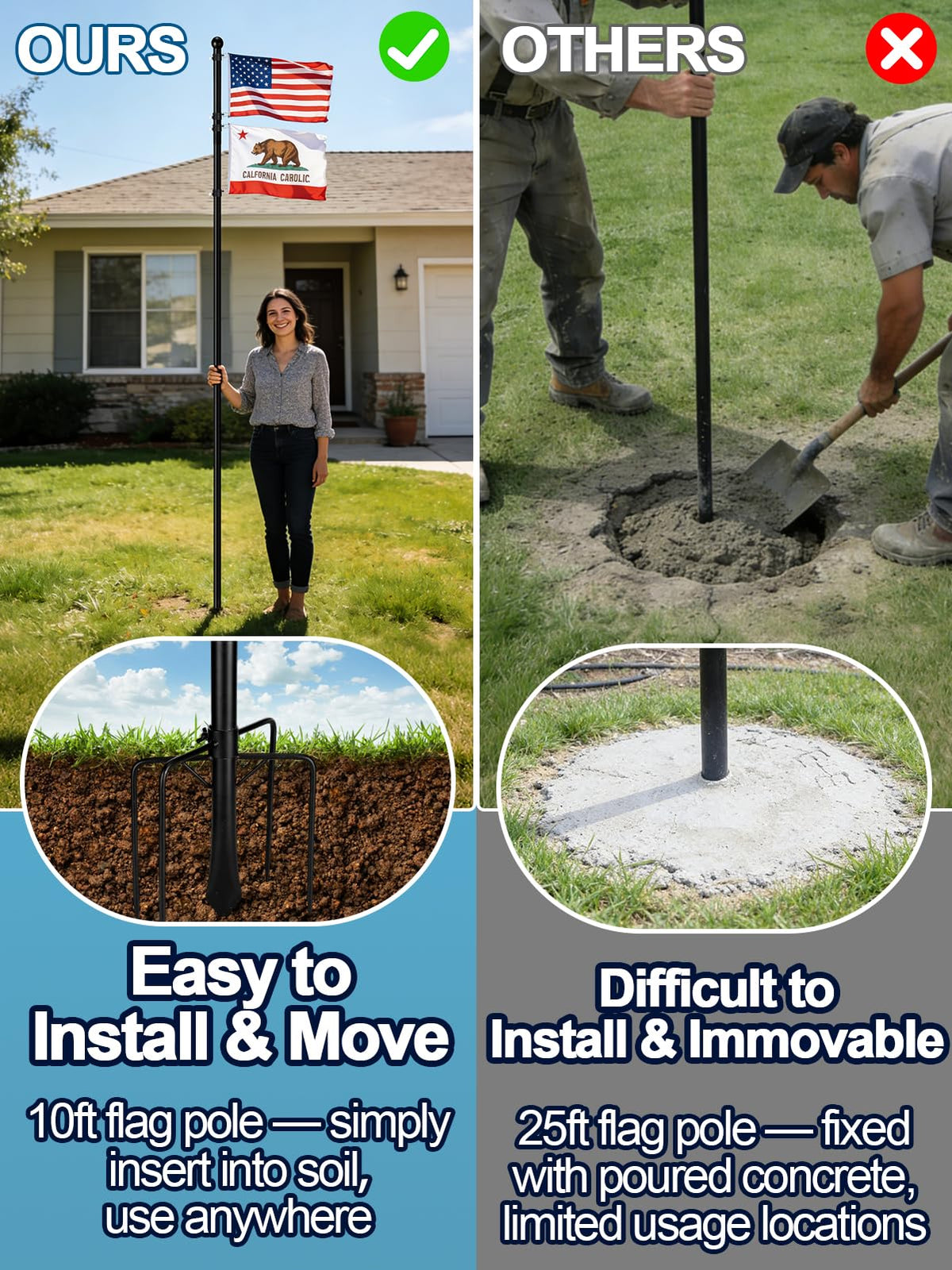 Acostop 10 ft in-ground flag pole withstands wind with sturdy construction.