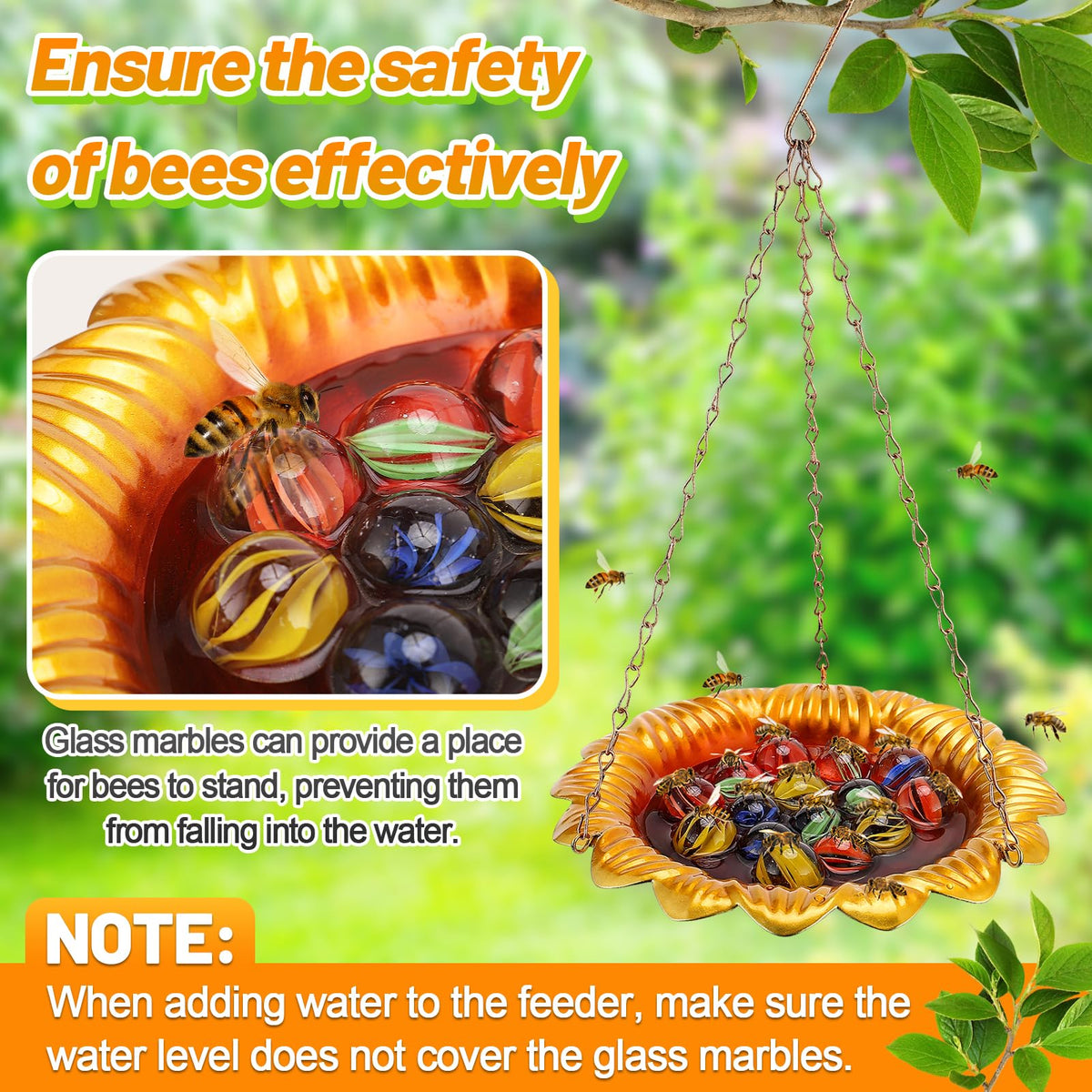 Acostop includes 15 glass marbles for safe bee access to water.