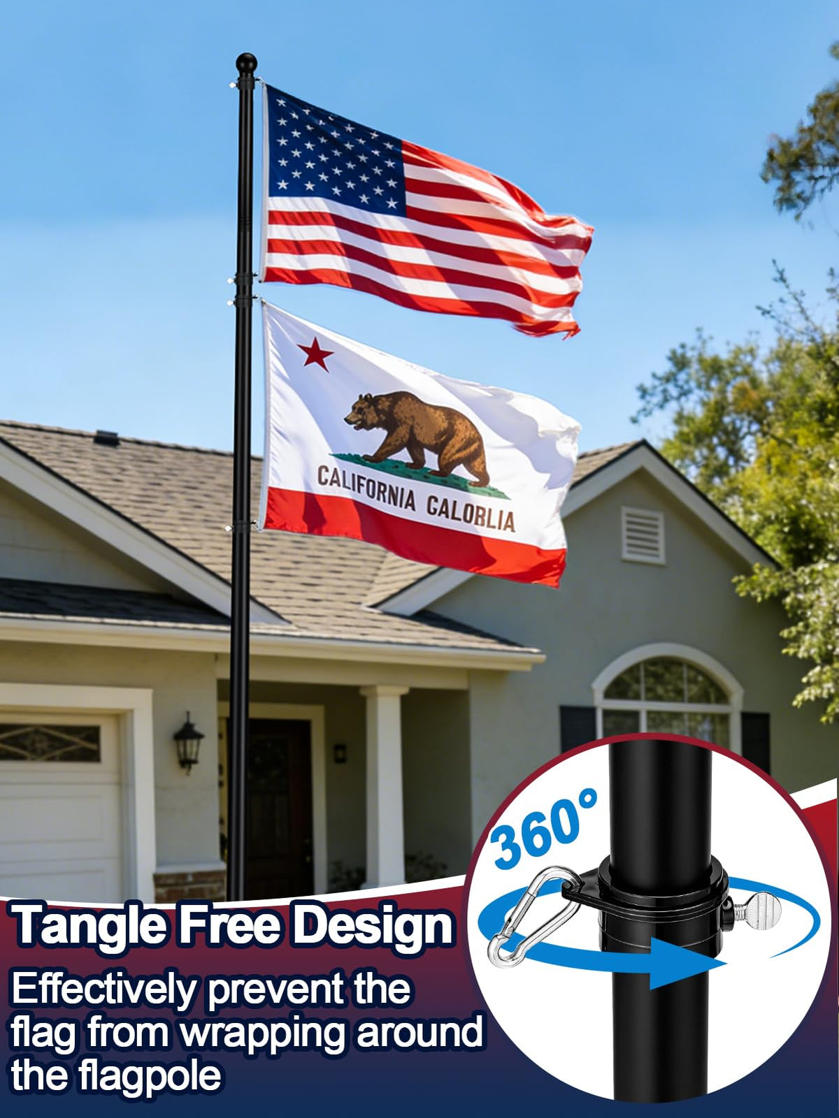 Acostop 360-degree rings prevent tangling for smooth flag flying.