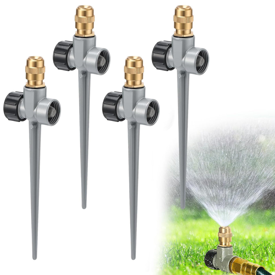 Acostop 4-pack metal lawn sprinklers provide 360-degree coverage for a medium lawn.