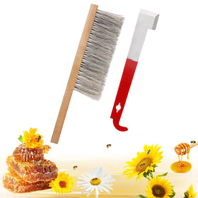 Acostop bee hive tool set with brush and J-hook for efficient hive maintenance.