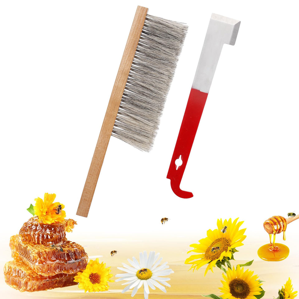 Acostop bee hive tool set with brush and J-hook for efficient hive maintenance.