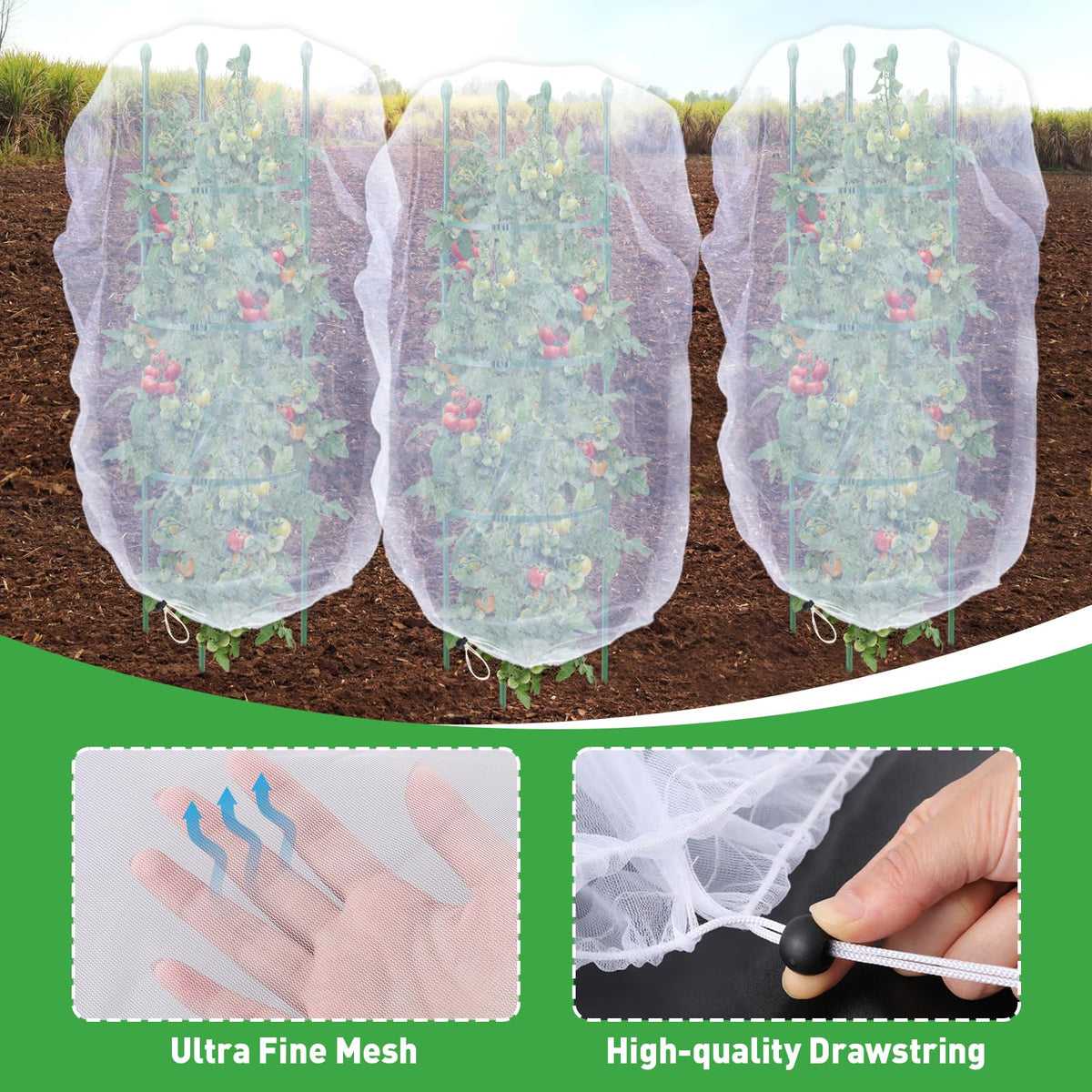 Acostop drawstring design enables quick, secure plant coverage.