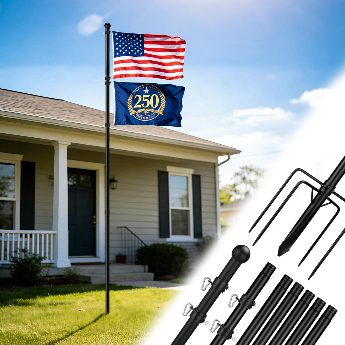 Acostop dual flag pole kit for outdoor display, supports two flags.