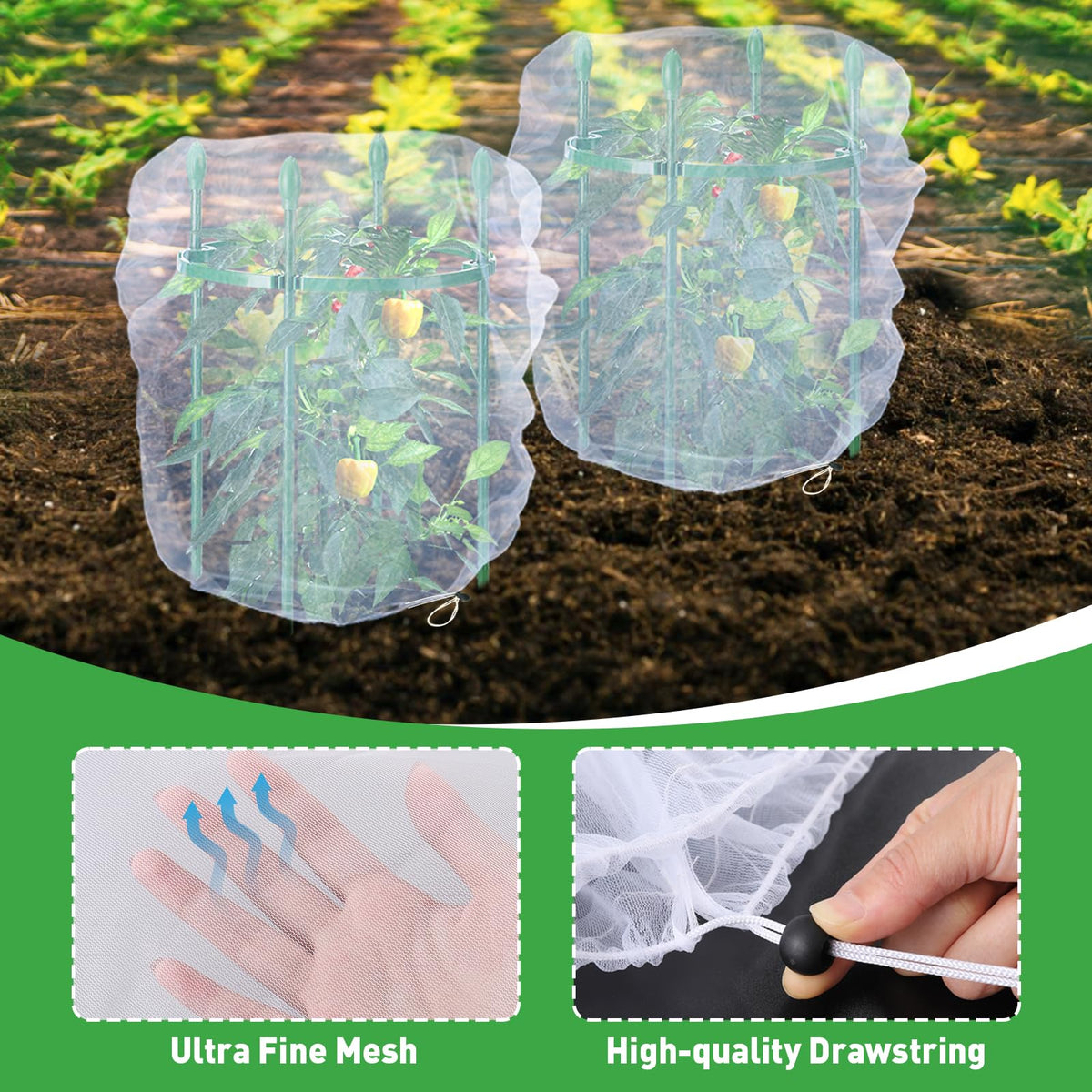Acostop garden netting with drawstring enables quick, secure plant coverage.