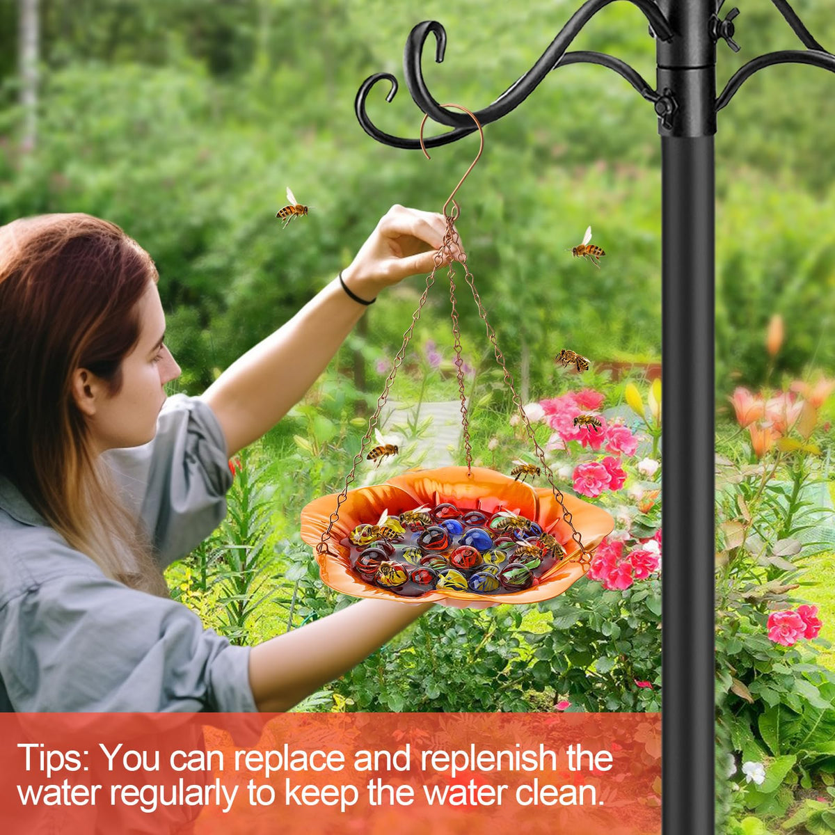 Acostop hanging bee feeder offers easy placement and visible water source for bees.