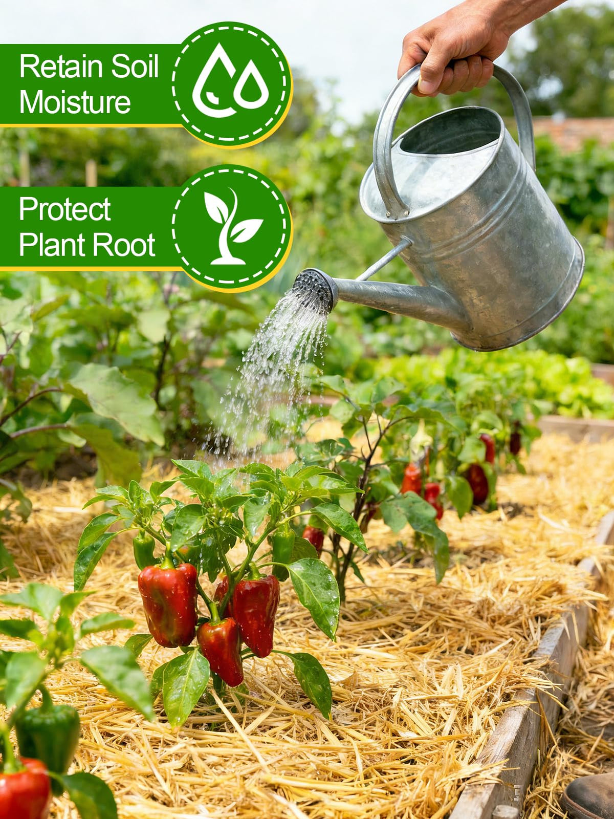 Acostop natural wheat straw garden mulch highlights moisture retention and soil protection.