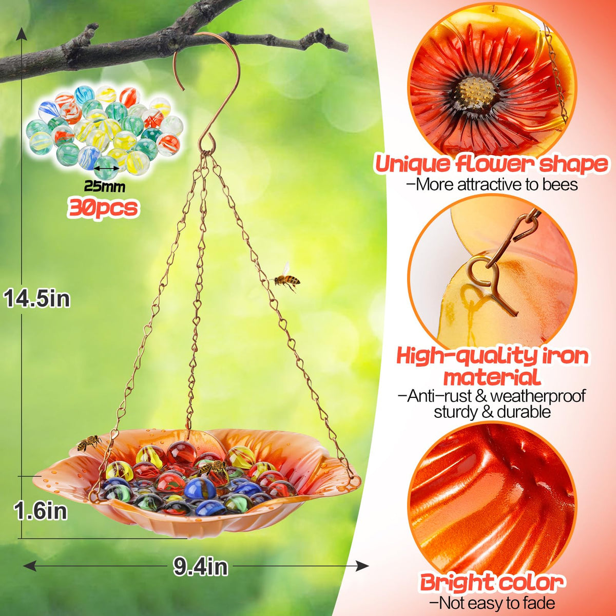 Acostop orange bee feeder showcases bright color for charming yard decor.