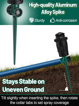 Acostop spike sprinkler assembly highlights tool-free setup with a standard 3/4 inch hose.