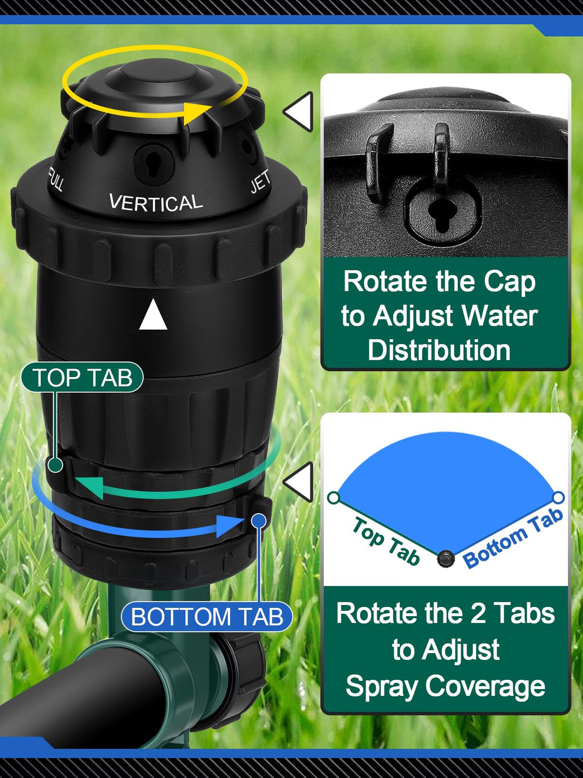 Acostop spike sprinkler adjustable coverage shows a 25–360 degree range for tailored watering.