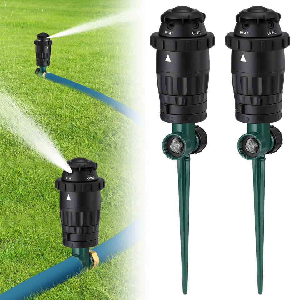 Acostop spike sprinkler setup demonstrates easy 2-pack installation for lawns.