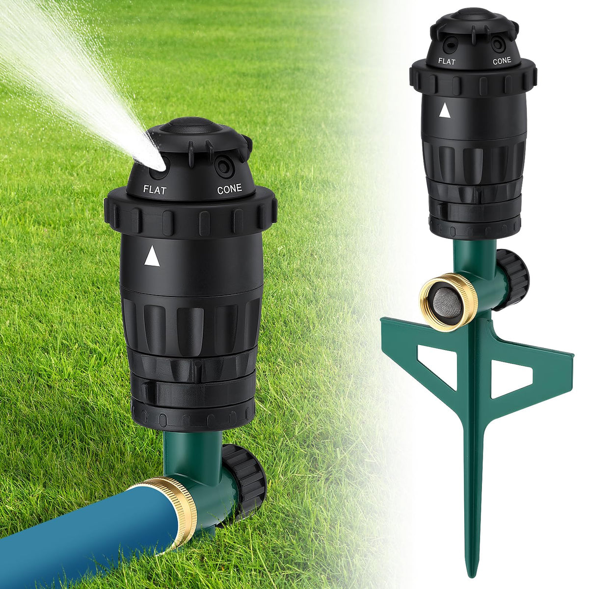 Acostop sprinkler on an aluminum spike for stable irrigation on uneven ground
