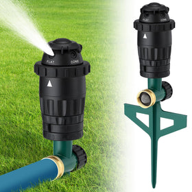 Acostop sprinkler on an aluminum spike for stable irrigation on uneven ground