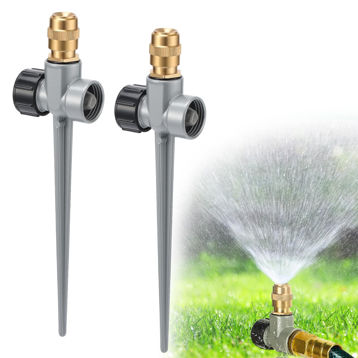 Acostop two-pack metal lawn sprinklers demonstrate easy daisy-chain setup for extended coverage.