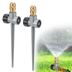 Acostop two-pack metal lawn sprinklers demonstrate easy daisy-chain setup for extended coverage.