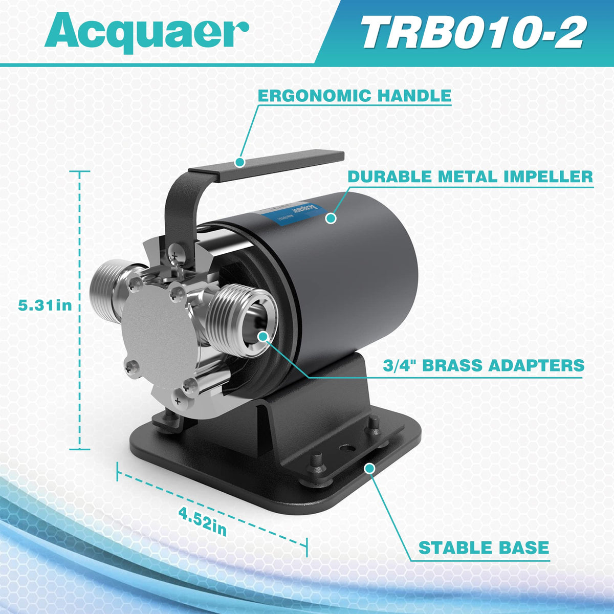 Acquaer portable pump showing durable metal volute for lasting use.