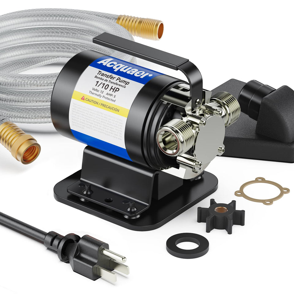 Acquaer portable water transfer pump with suction hose kit for quick, versatile water moves.