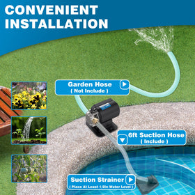 Acquaer rain barrel drainage setup using transfer pump outdoors.