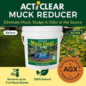 ActiClear dual-action formula with enzymes shown for accelerating organic sludge breakdown in ponds.