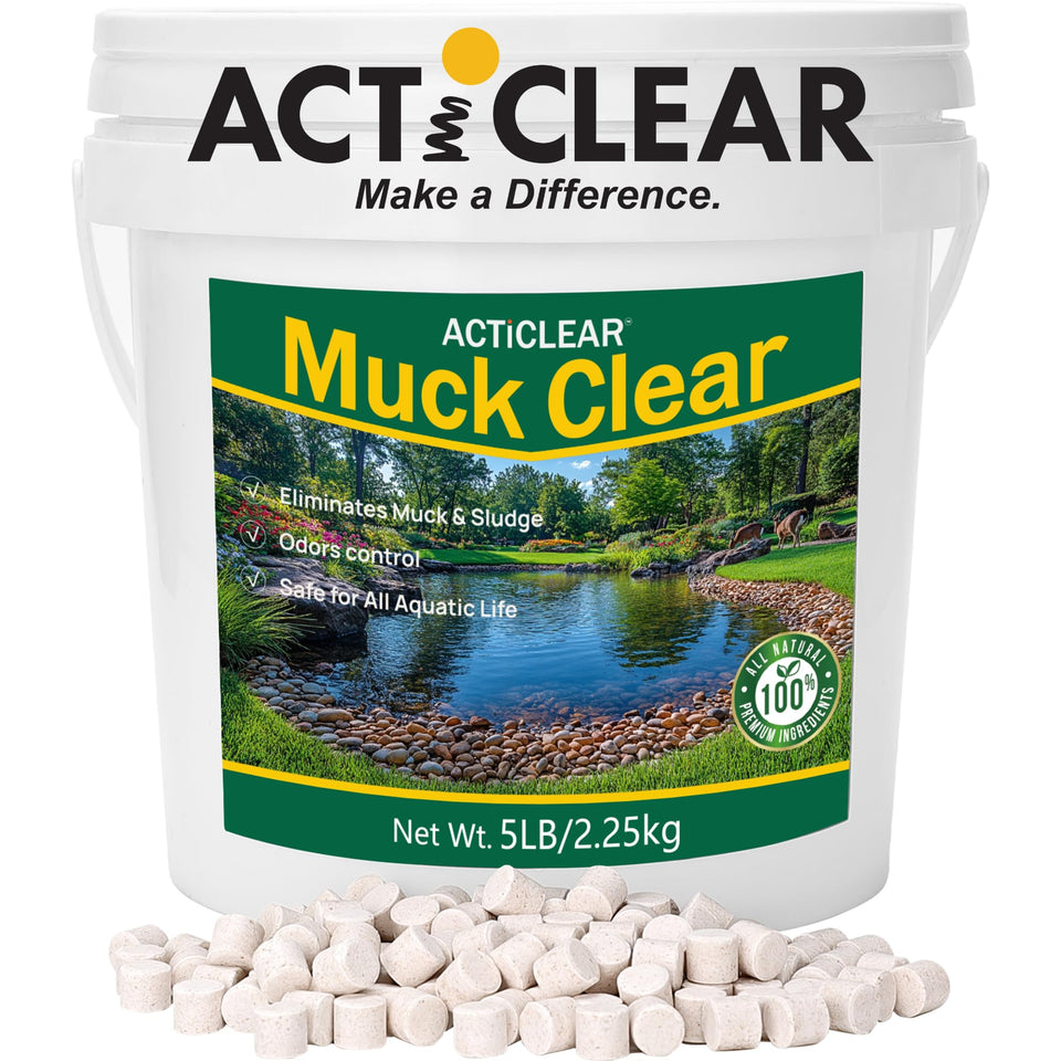 ActiClear Muck Clear 5lb bottle demonstrates powerful bacteria for pond muck breakdown.