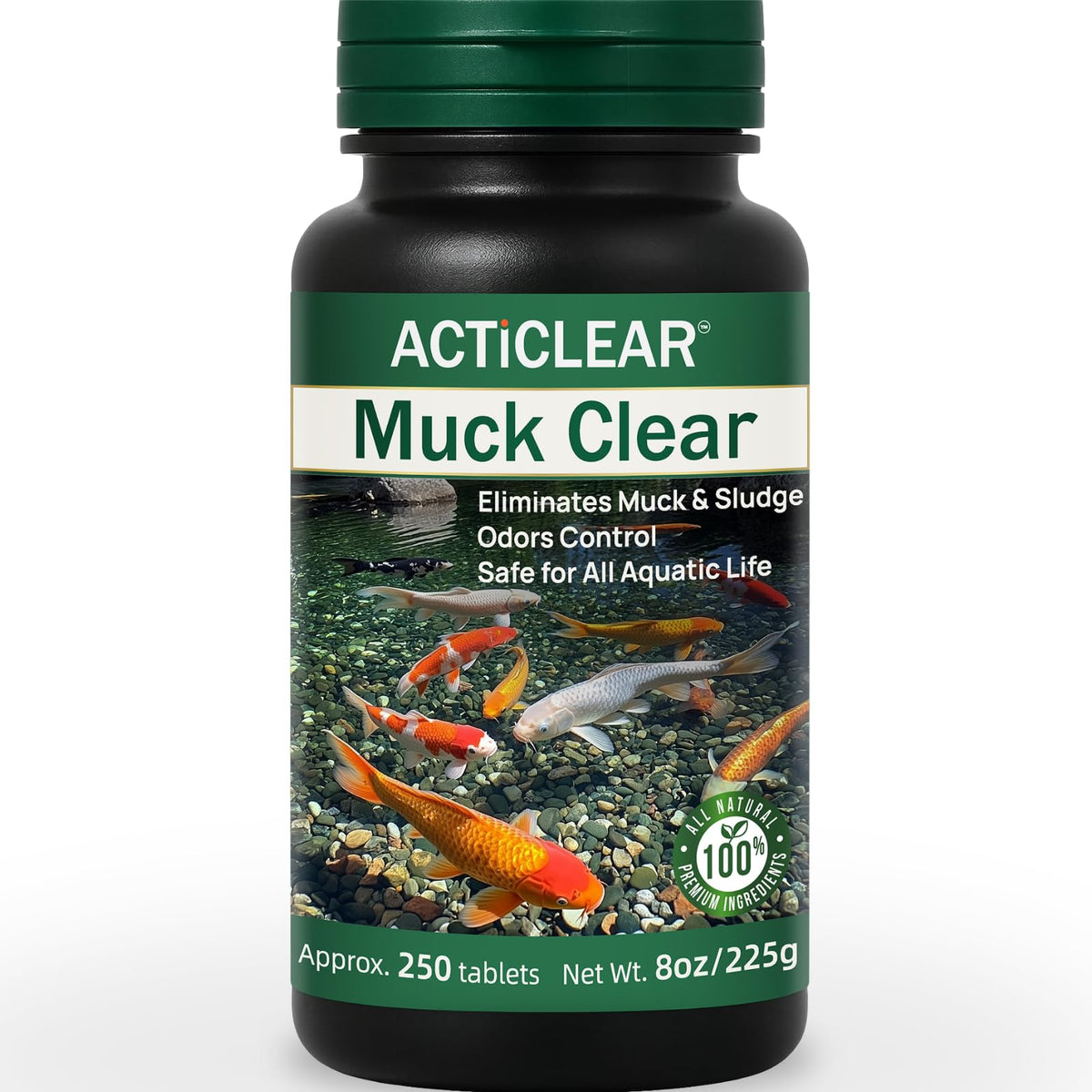 ActiClear Muck Clear bottle label highlights natural bacteria and enzymes for pond sludge treatment