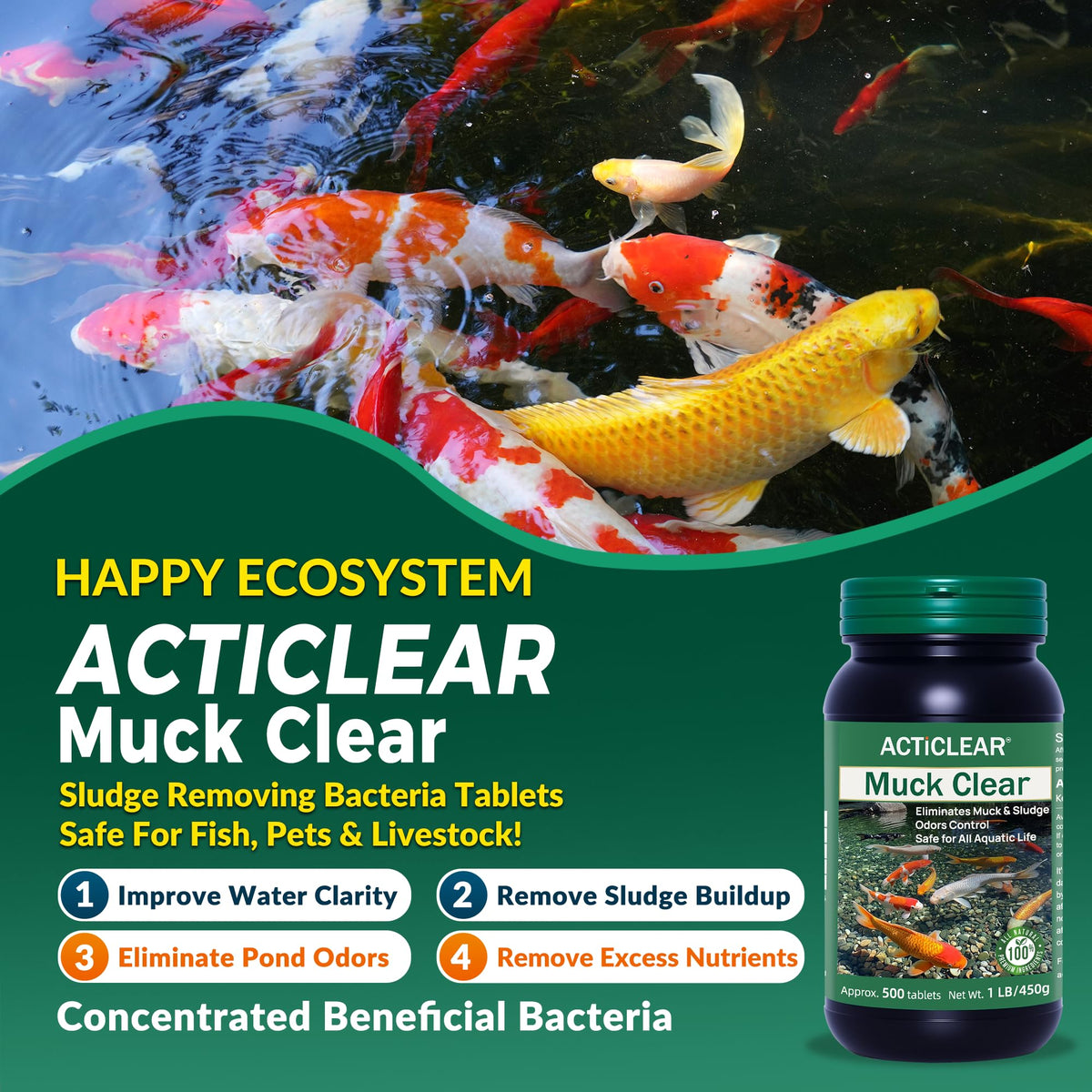 ACTICLEAR packaging shown for natural pond sludge treatment
